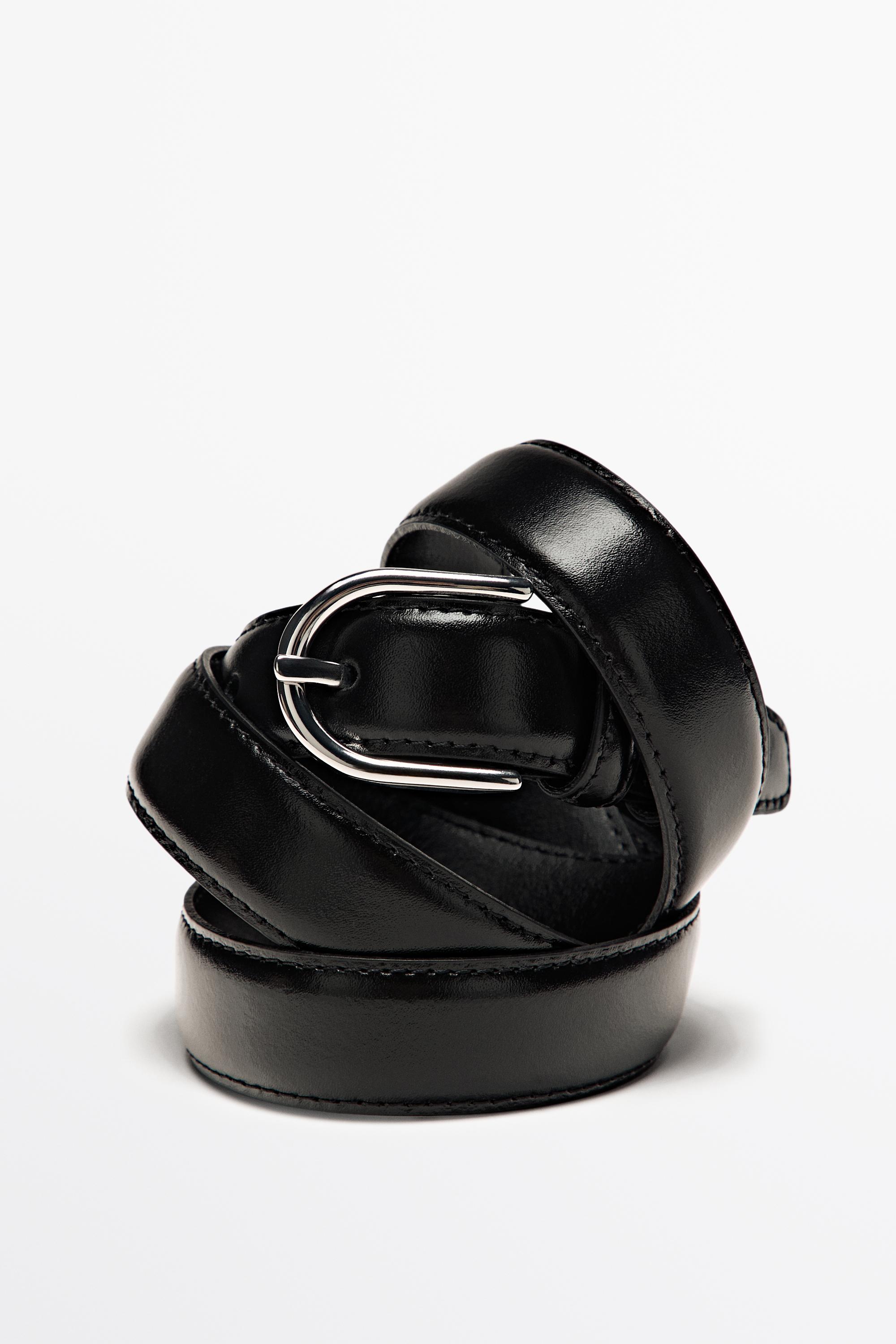 Nappa leather belt with topstitching and oval buckle